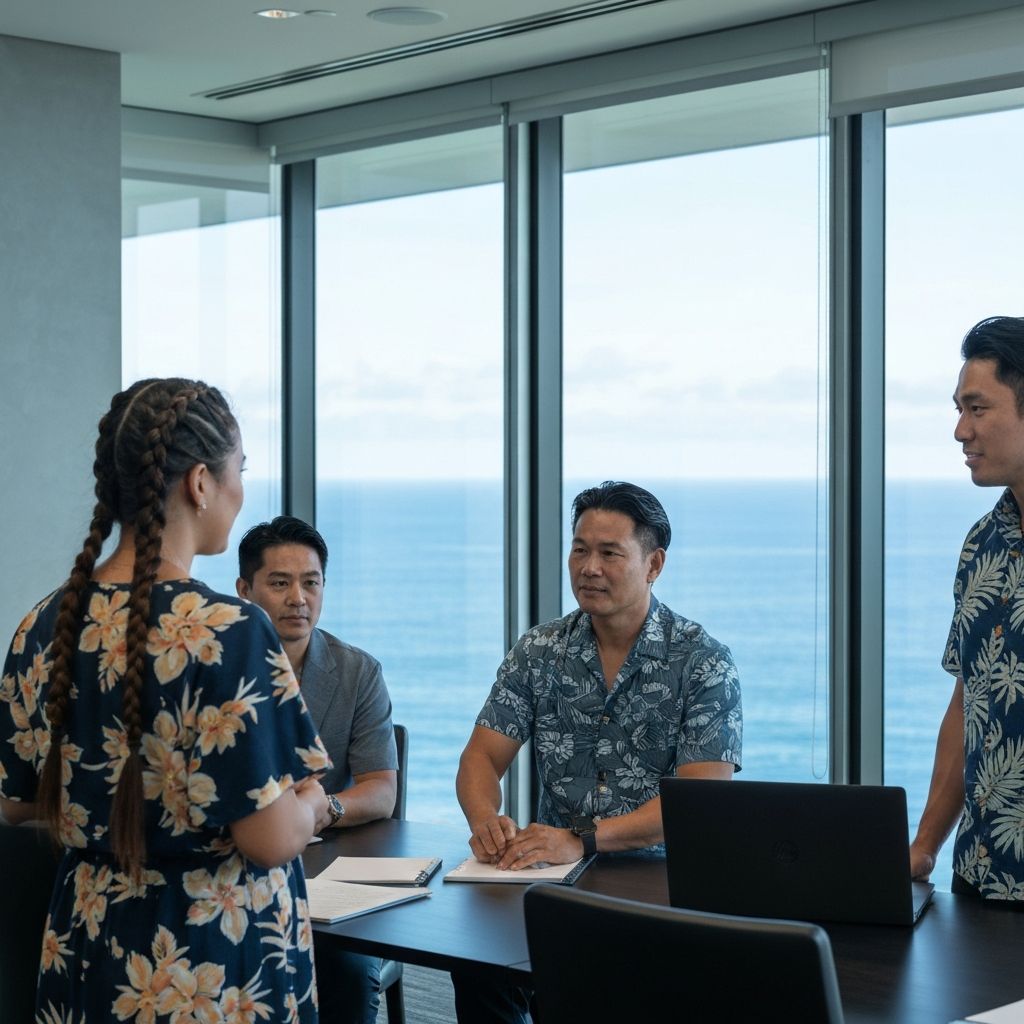 Hawaiian business professionals in meeting